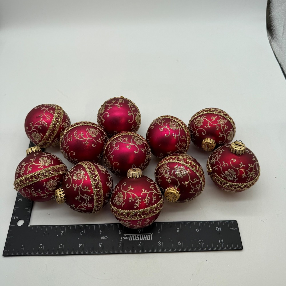VTG Red Gold Glass Christmas Ball Ornaments Set of 11 Floral Filigree Glitter